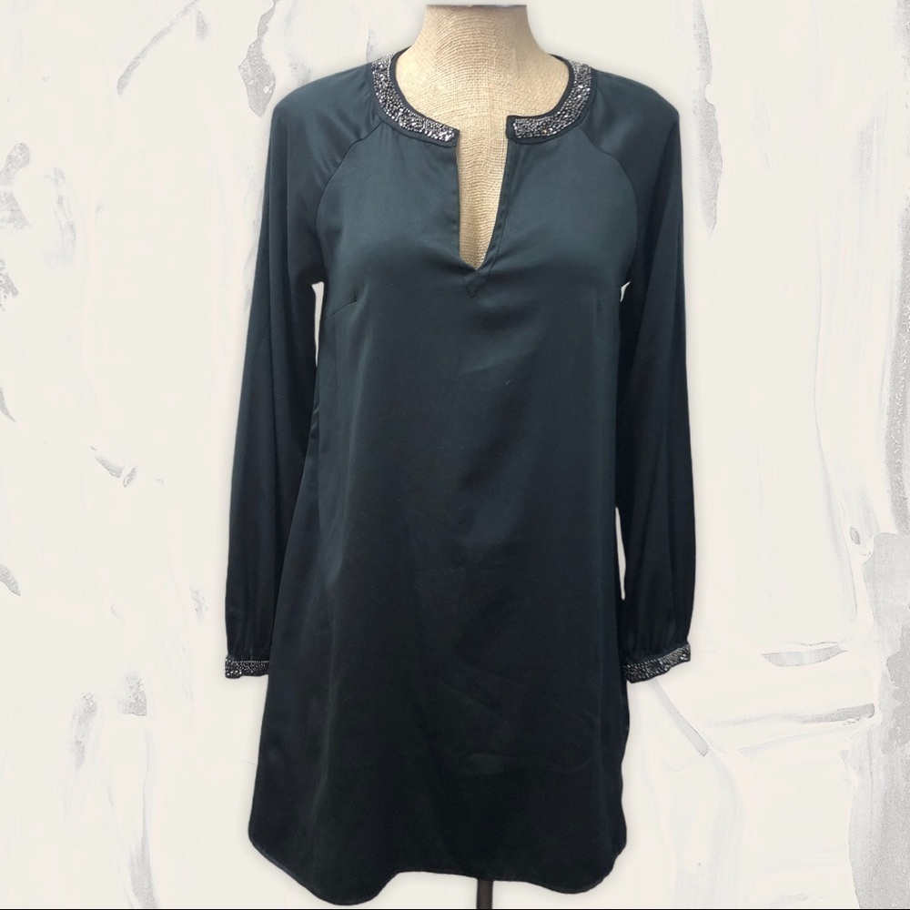H&M black silky v-neck beaded dress